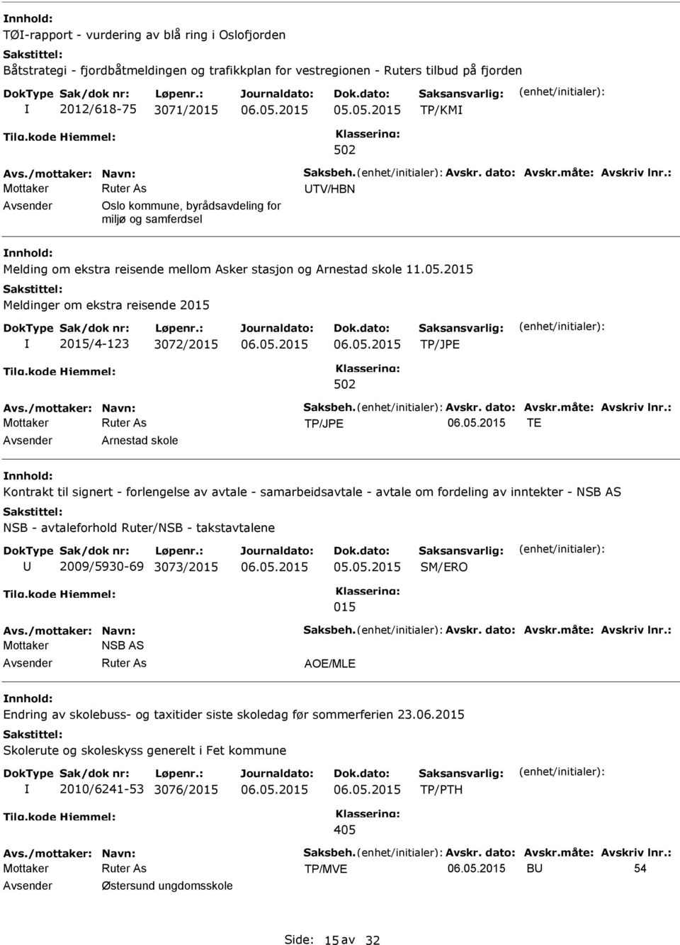 : TV/HBN Oslo kommune, byrådsavdeling for miljø og samferdsel nnhold: Melding om ekstra reisende mellom Asker stasjon og Arnestad skole 11.05.2015 2015/4-123 3072/2015 Avs.