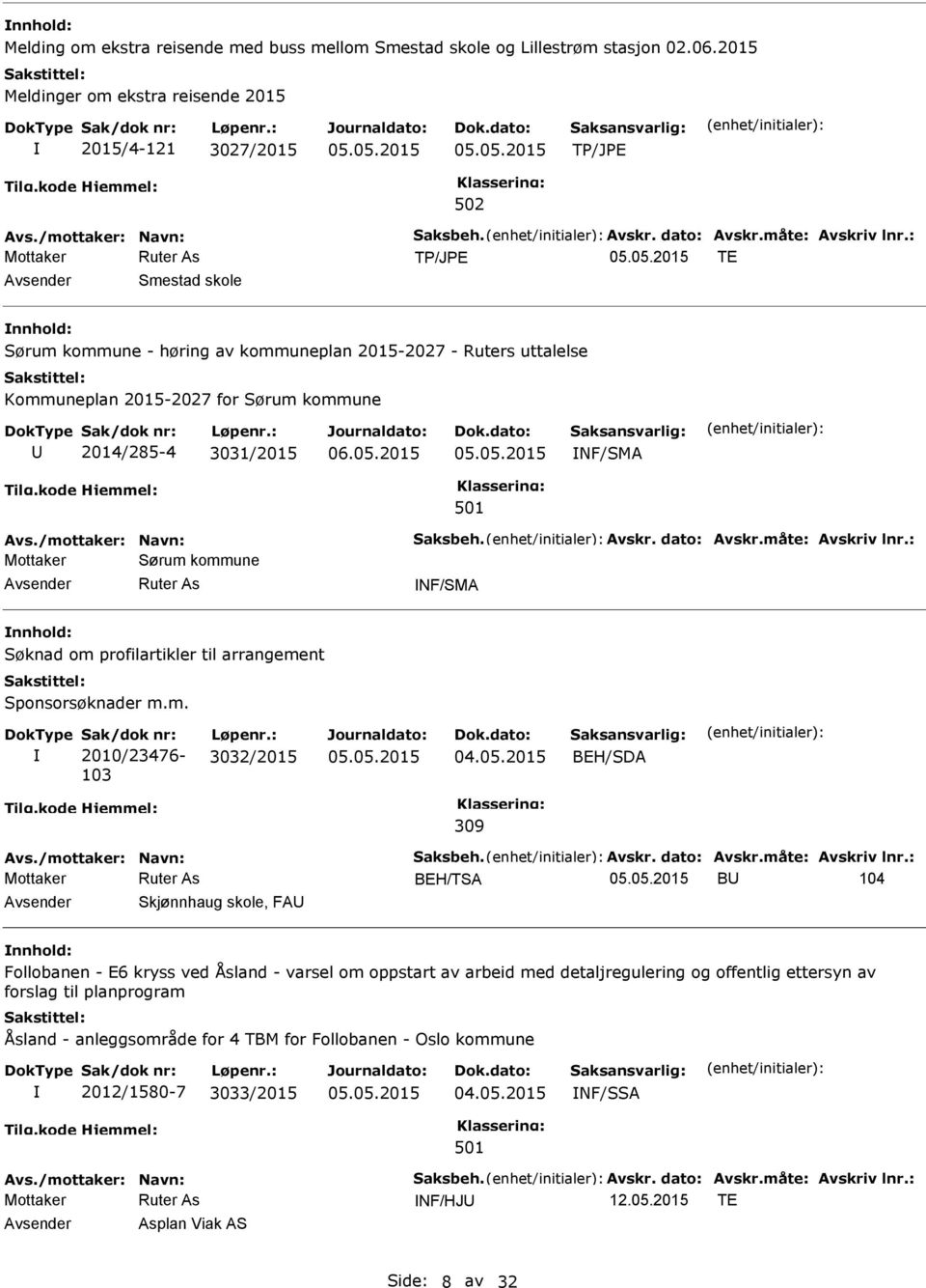 dato: Avskr.måte: Avskriv lnr.: Mottaker Sørum kommune NF/SMA nnhold: Søknad om profilartikler til arrangement Sponsorsøknader m.m. Sak/dok nr: 2010/23476-103 Løpenr.: 3032/2015 BEH/SDA 309 Avs.