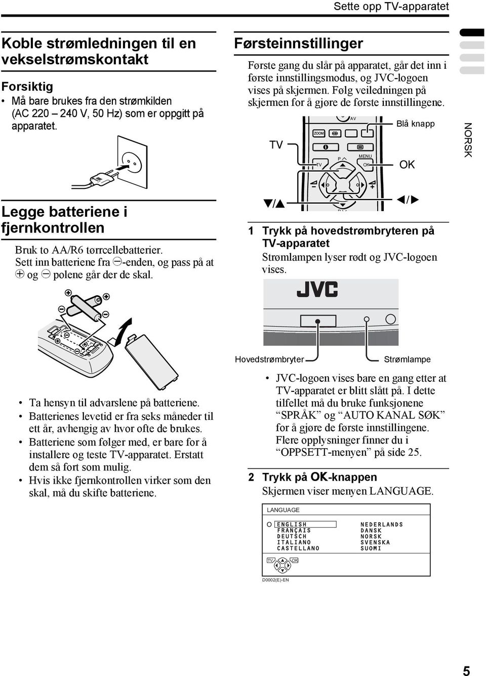 P 0 AV MENU Blå knapp NORSK Legge batteriene i fjernkontrollen Bruk to AA/R6 tørrcellebatterier. Sett inn batteriene fra --enden, og pass på at + og - polene går der de skal.