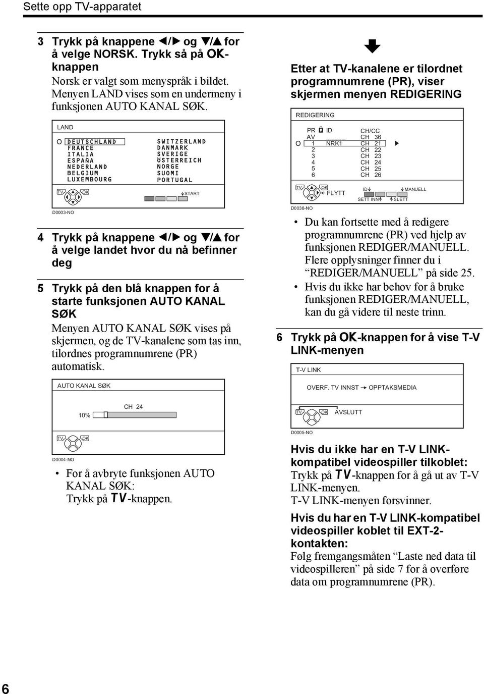 MANUELL SLETT D0003-NO 4 Trykk på knappene 5 og 6 for å velge landet hvor du nå befinner deg 5 Trykk på den blå knappen for å starte funksjonen AUTO KANAL SØK Menyen AUTO KANAL SØK vises på skjermen,