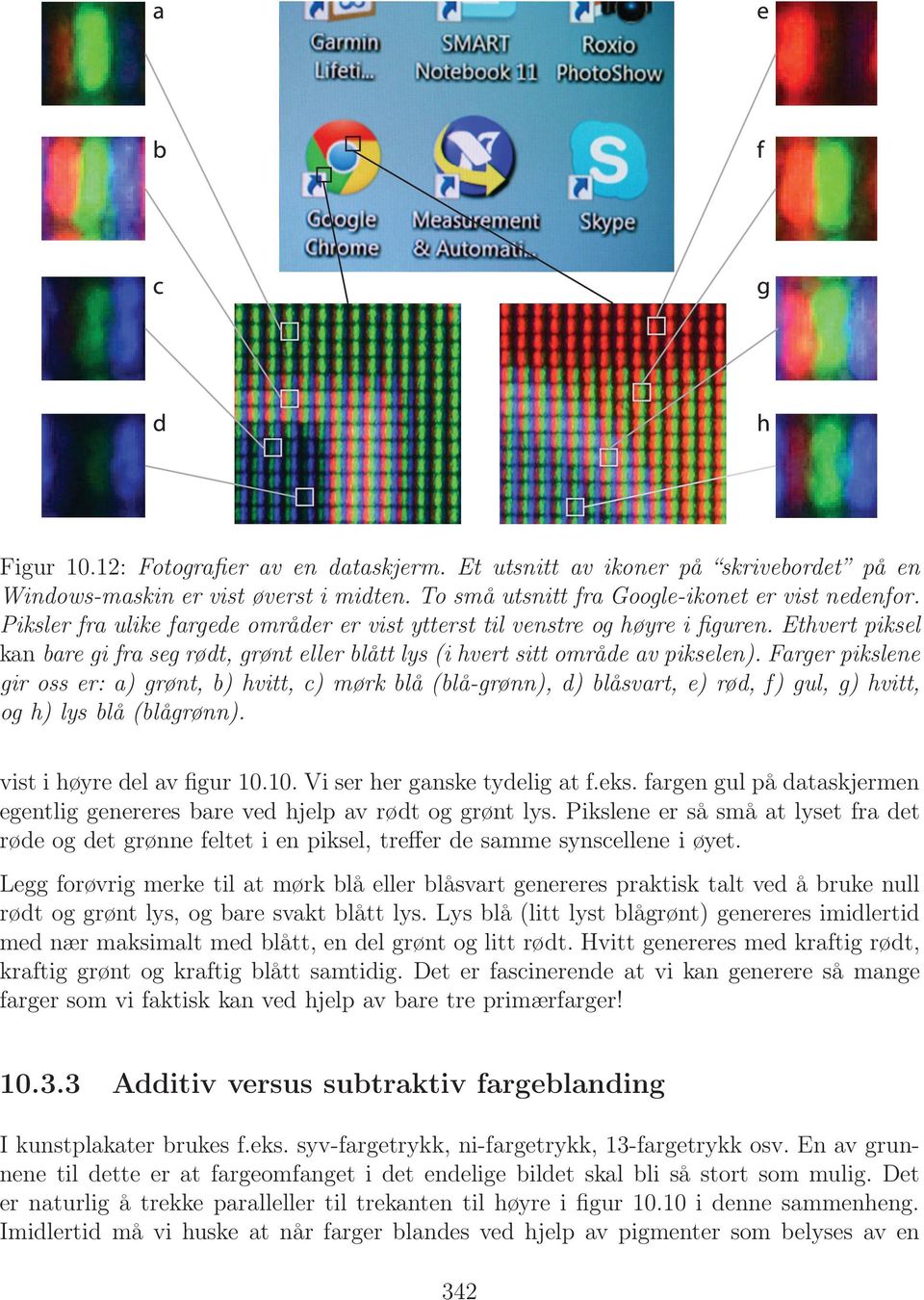 Farger pikslene gir oss er: a) grønt, b) hvitt, c) mørk blå (blå-grønn), d) blåsvart, e) rød, f) gul, g) hvitt, og h) lys blå (blågrønn). vist i høyre del av figur 10.10. Vi ser her ganske tydelig at f.