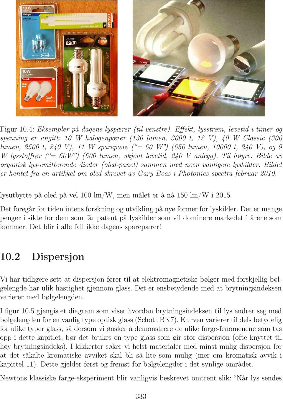 og 9 W lysstoffrør ( = 60W ) (600 lumen, ukjent levetid, 240 V anlegg). Til høyre: Bilde av organisk lys-emitterende dioder (oled-panel) sammen med noen vanligere lyskilder.