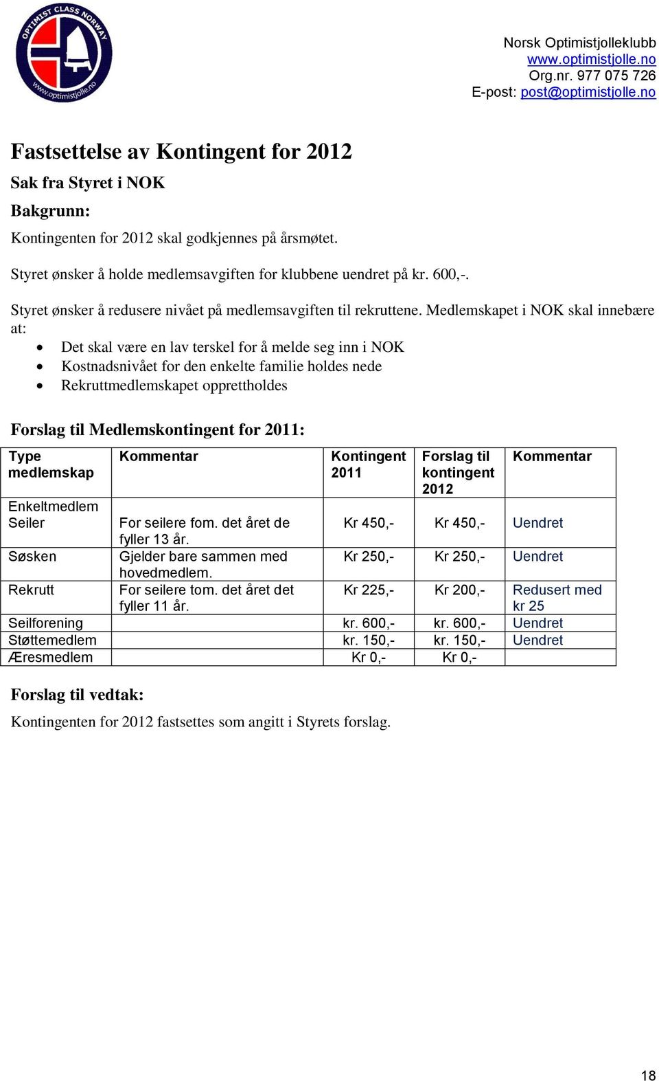 Medlemskapet i NOK skal innebære at: Det skal være en lav terskel for å melde seg inn i NOK Kostnadsnivået for den enkelte familie holdes nede Rekruttmedlemskapet opprettholdes Forslag til