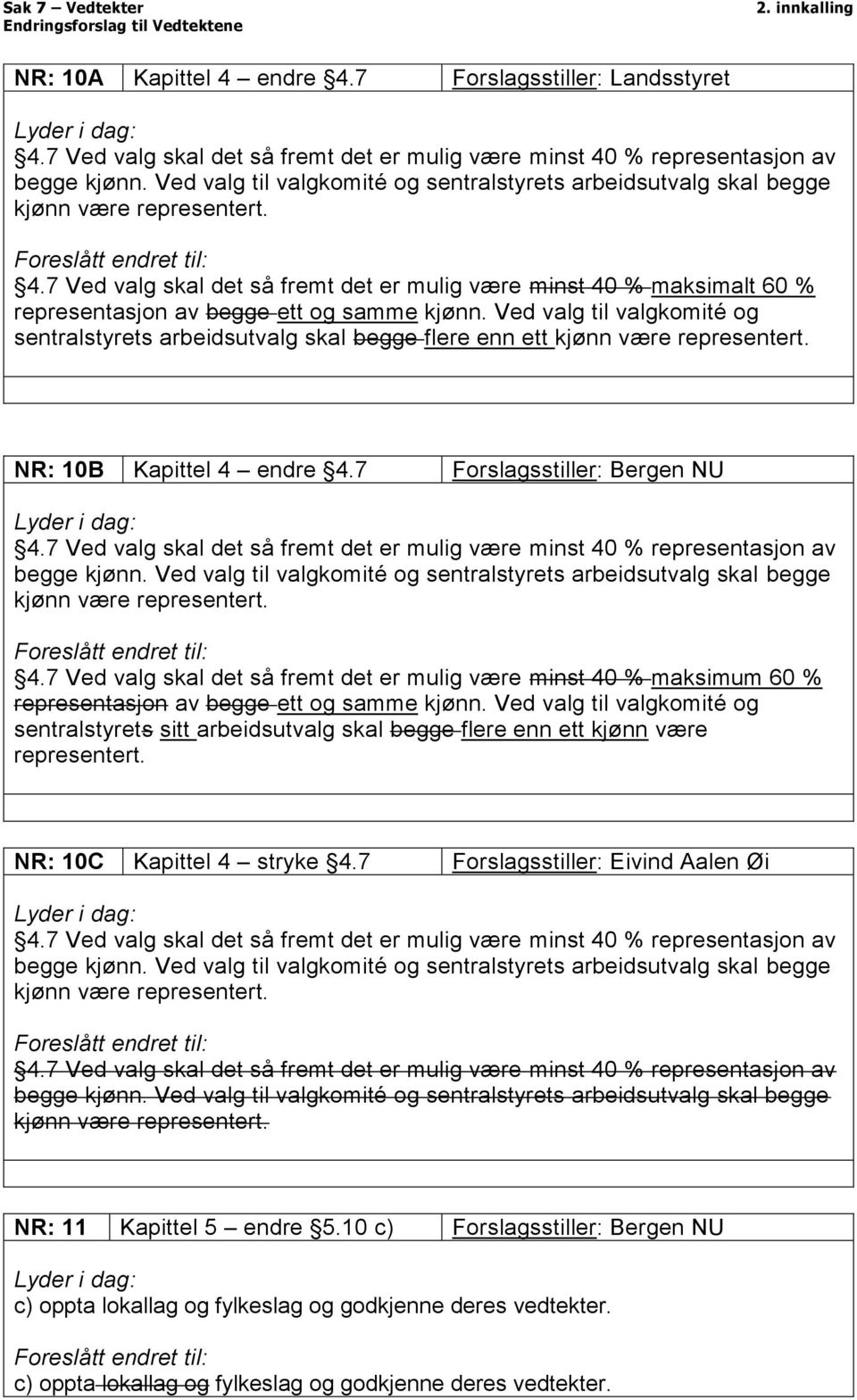 7 Ved valg skal det så fremt det er mulig være minst 40 % maksimalt 60 % representasjon av begge ett og samme kjønn.