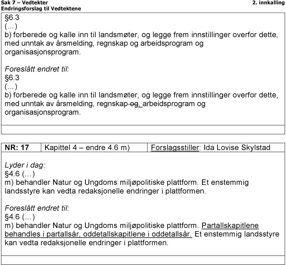 6 m) Forslagsstiller: Ida Lovise Skylstad 4.6 ( ) m) behandler Natur og Ungdoms miljøpolitiske plattform. Et enstemmig landsstyre kan vedta redaksjonelle endringer i plattformen.