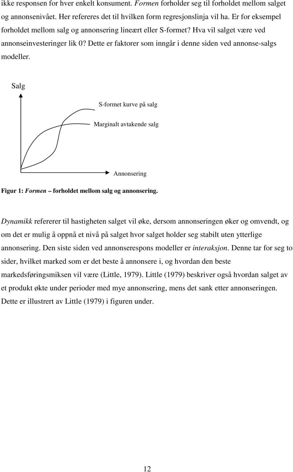 Salg S-formet kurve på salg Marginalt avtakende salg Annonsering Figur 1: Formen forholdet mellom salg og annonsering.