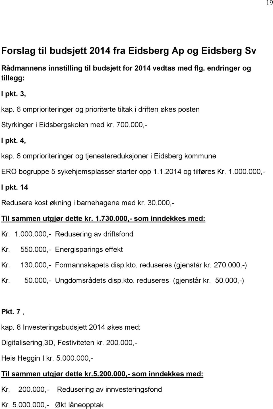 6 omprioriteringer og tjenestereduksjoner i Eidsberg kommune ERO bogruppe 5 sykehjemsplasser starter opp 1.1.2014 og tilføres Kr. 1.000.000,- I pkt. 14 Redusere kost økning i barnehagene med kr. 30.