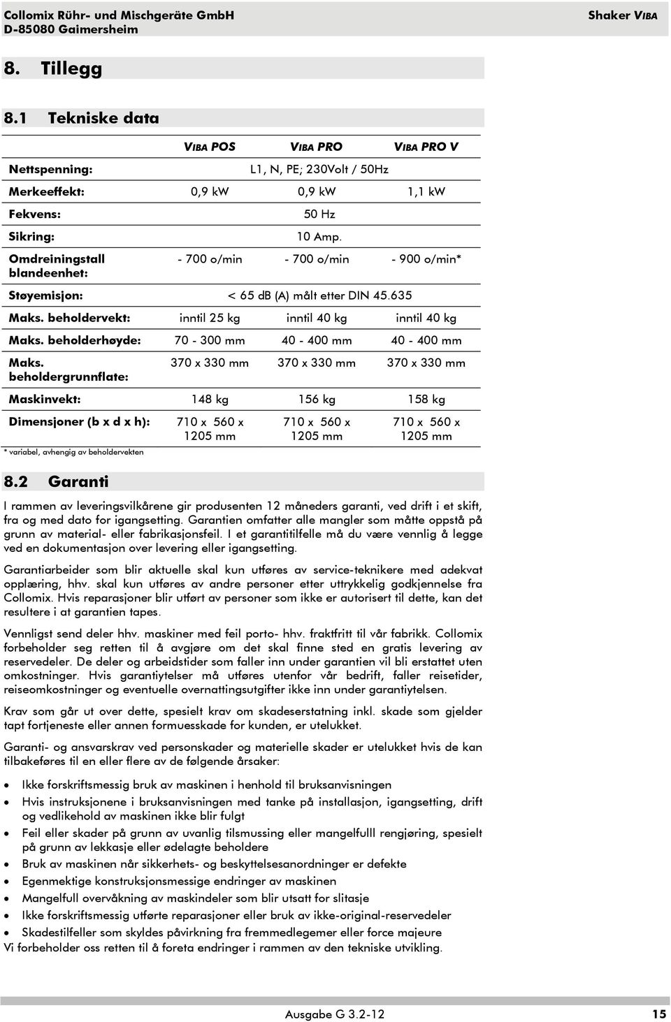 - 700 o/min - 700 o/min - 900 o/min* Støyemisjon: < 65 db (A) målt etter DIN 45.635 Maks. beholdervekt: inntil 25 kg inntil 40 kg inntil 40 kg Maks. beholderhøyde: 70-300 mm 40-400 mm 40-400 mm Maks.