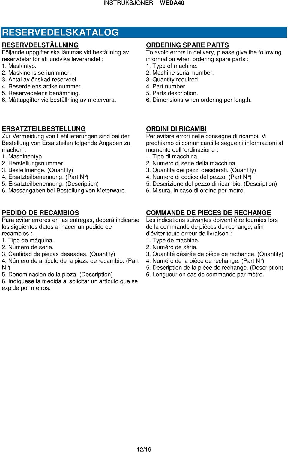 ORDERING SPARE PARTS To avoid errors in delivery, please give the following information when ordering spare parts : 1. Type of machine. 2. Machine serial number. 3. Quantity required. 4. Part number.