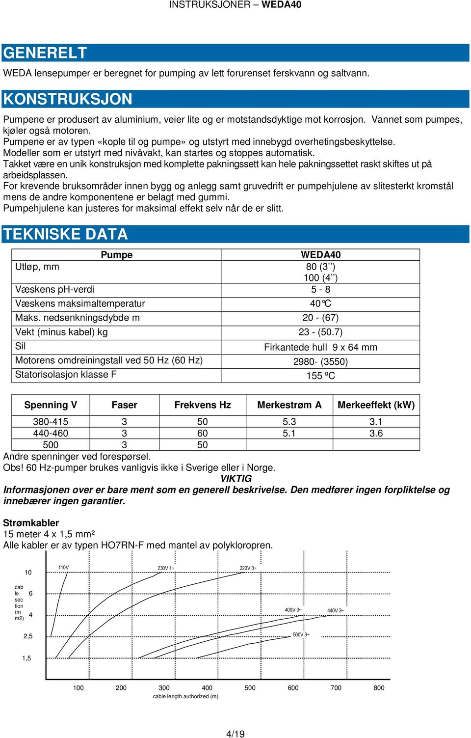 Pumpene er av typen «kople til og pumpe» og utstyrt med innebygd overhetingsbeskyttelse. Modeller som er utstyrt med nivåvakt, kan startes og stoppes automatisk.