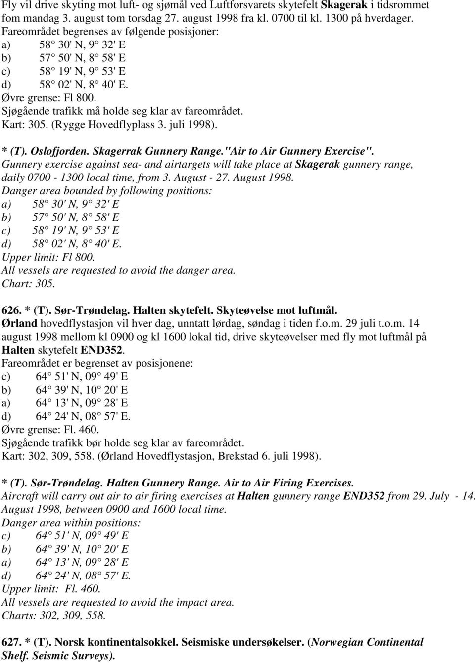 Sjøgående trafikk må holde seg klar av fareområdet. Kart: 305. (Rygge Hovedflyplass 3. juli 1998). * (T). Oslofjorden. Skagerrak Gunnery Range."Air to Air Gunnery Exercise".