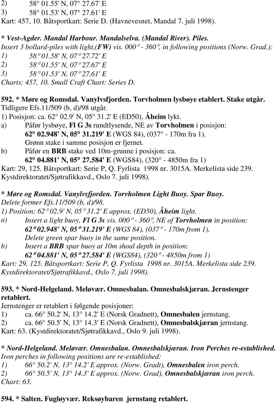 Small Craft Chart: Series D. 592. * Møre og Romsdal. Vanylvsfjorden. Torvholmen lysbøye etablert. Stake utgår. Tidligere Efs.11/509 (b, d)/98 utgår. 1) Posisjon: ca. 62 02.9' N, 05 31.