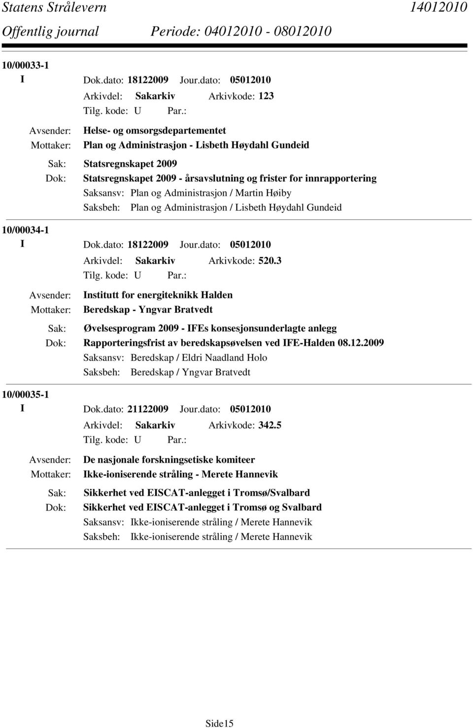 for innrapportering Saksansv: Plan og Administrasjon / Martin Høiby Saksbeh: Plan og Administrasjon / Lisbeth Høydahl Gundeid 10/00034-1 I Dok.dato: 18122009 Jour.