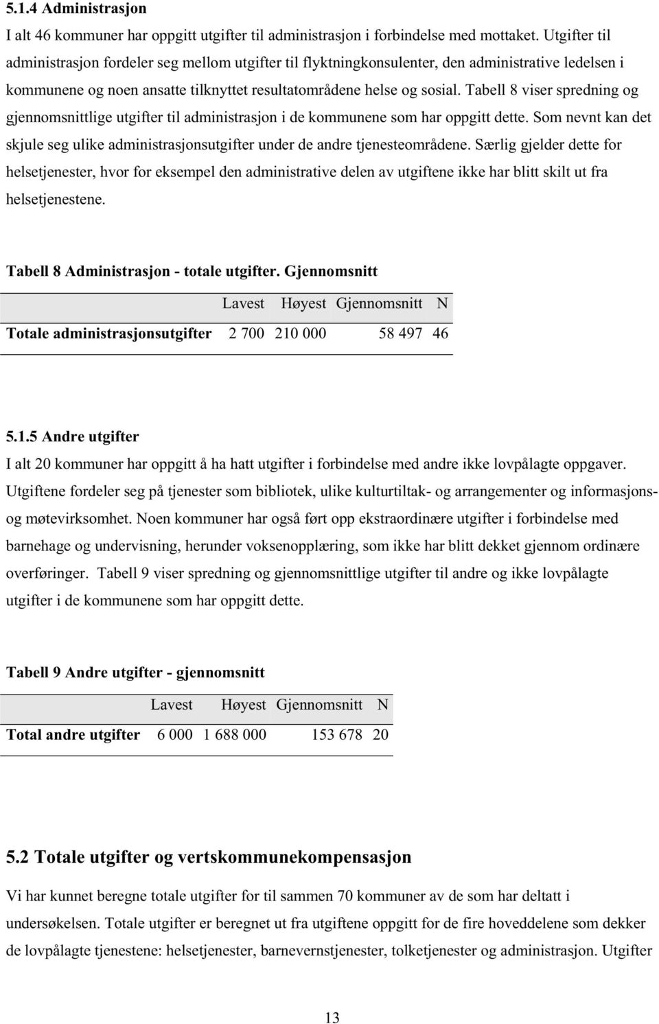 Tabell 8 viser spredning og gjennomsnittlige utgifter til administrasjon i de kommunene som har oppgitt dette.