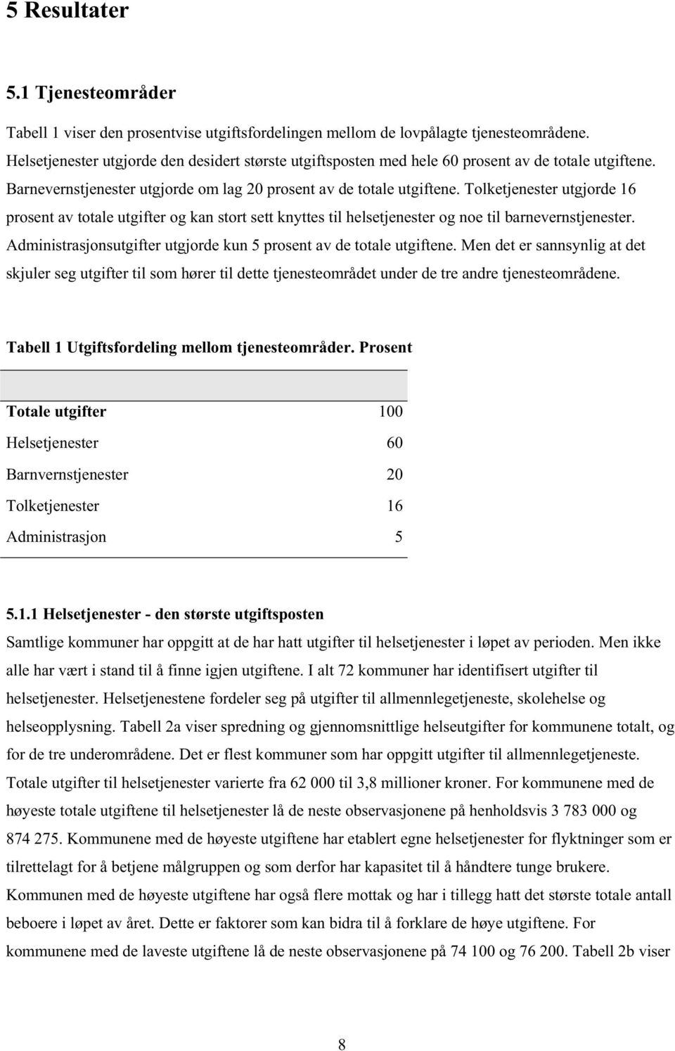 Tolketjenester utgjorde 16 prosent av totale utgifter og kan stort sett knyttes til helsetjenester og noe til barnevernstjenester.