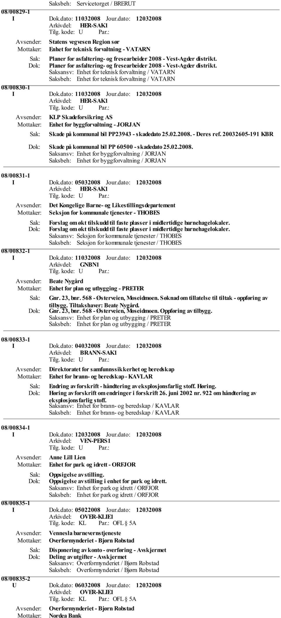 Planer for asfaltering- og fresearbeider 2008 - Vest-Agder distrikt. Saksbeh: Enhet for teknisk forvaltning / VATARN 08/00830-1 I Dok.dato: 11032008 Jour.