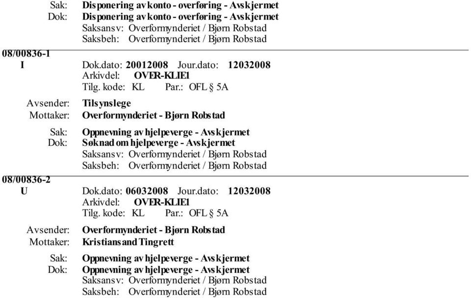 dato: Tilsynslege Overformynderiet - Bjørn Robstad Søknad om hjelpeverge -