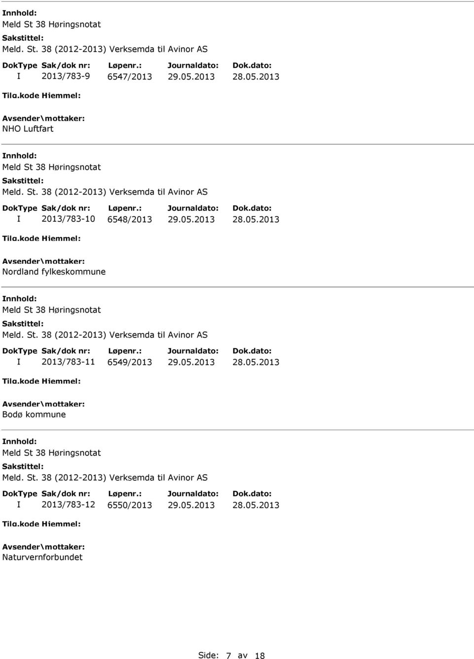 Meld. St. 38 (2012-2013) Verksemda til Avinor AS 2013/783-11 6549/2013 Bodø kommune Meld St 38 Høringsnotat Meld.