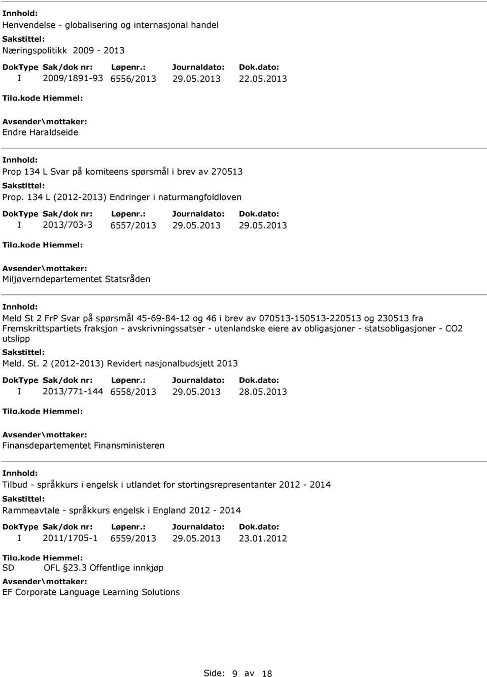 fra Fremskrittspartiets fraksjon - avskrivningssatser - utenlandske eiere av obligasjoner - statsobligasjoner - CO2 utslipp 2013/771-144 6558/2013 Tilbud - språkkurs i engelsk i utlandet for