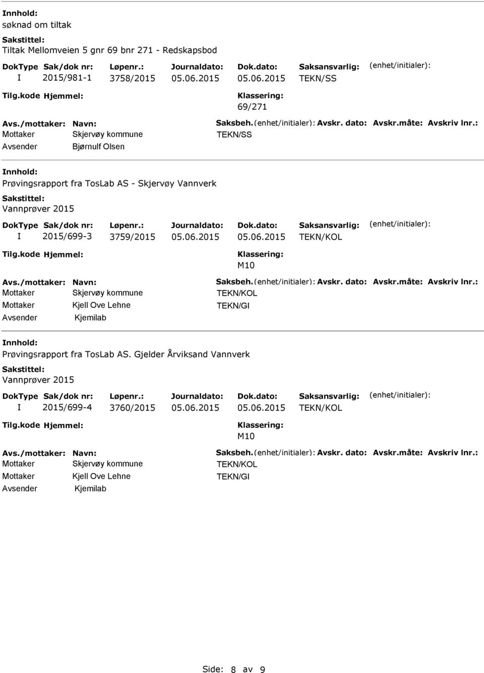 : TEKN/SS Bjørnulf Olsen Prøvingsrapport fra TosLab AS - Skjervøy Vannverk Vannprøver 2015 2015/699-3 3759/2015 M10 Avs./mottaker: Navn: Saksbeh.