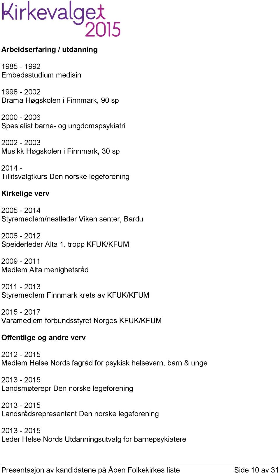 tropp KFUK/KFUM 2009-2011 Medlem Alta menighetsråd 2011-2013 Styremedlem Finnmark krets av KFUK/KFUM 2015-2017 Varamedlem forbundsstyret Norges KFUK/KFUM Offentlige og andre verv 2012-2015 Medlem