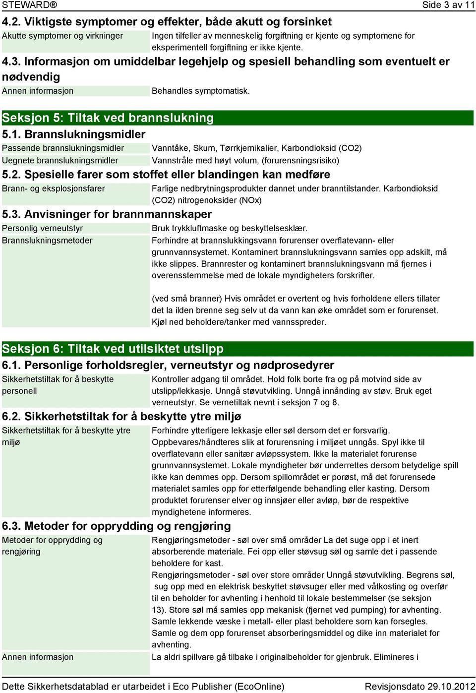 kjente. 4.3. Informasjon om umiddelbar legehjelp og spesiell behandling som eventuelt er nødvendig Annen informasjon Behandles symptomatisk. Seksjon 5: Tiltak ved brannslukning 5.1.