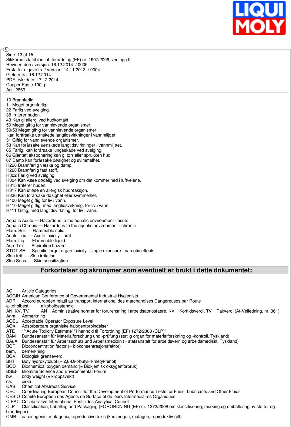 65 Farlig: kan forårsake lungeskade ved svelging. 66 Gjentatt eksponering kan gi tørr eller sprukken hud. 67 Damp kan forårsake døsighet og svimmelhet. H226 Brannfarlig væske og damp.