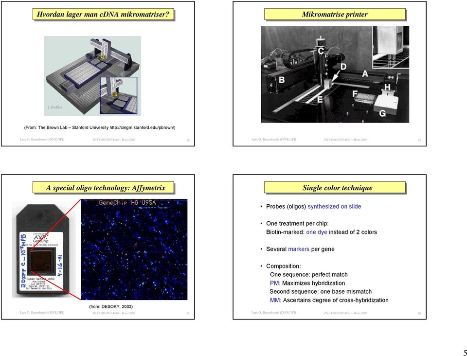 Baumbusch (DNR/IFI) INF3350/INF4350 Høst 2007 18 A special oligo technology: Affymetrix Single color technique Probes (oligos) synthesized on slide One treatment per chip: