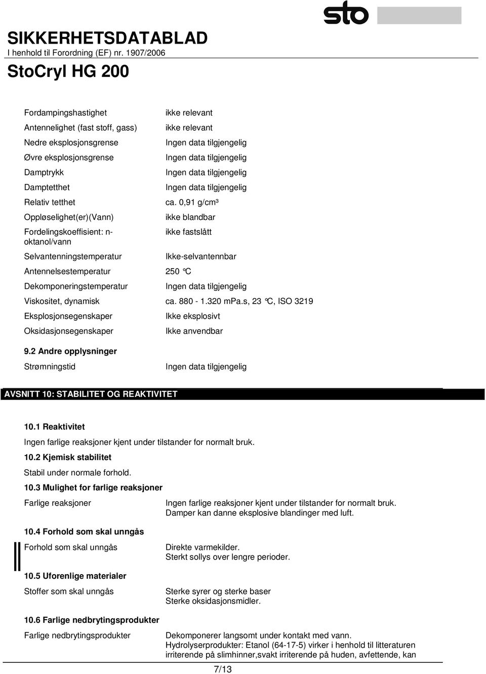 0,91 g/cm³ ikke blandbar ikke fastslått Antennelsestemperatur 250 C Dekomponeringstemperatur Ikke-selvantennbar Viskositet, dynamisk ca. 880-1.320 mpa.