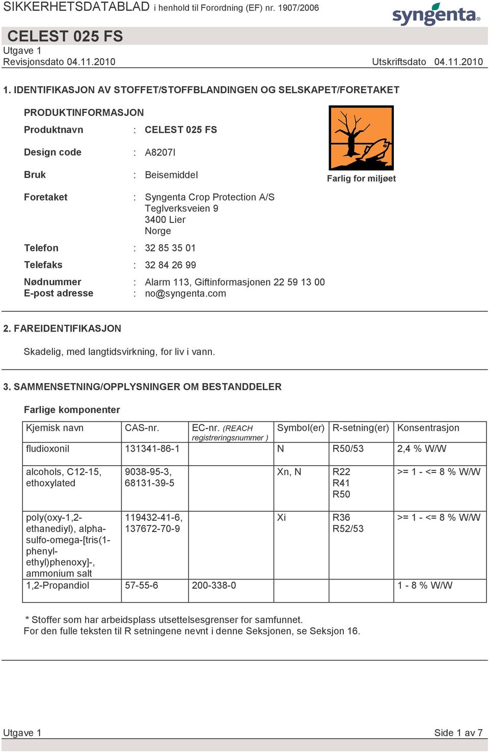 FAREIDENTIFIKASJON Skadelig, med langtidsvirkning, for liv i vann. 3. SAMMENSETNING/OPPLYSNINGER OM BESTANDDELER Farlige komponenter Kjemisk navn CAS-nr. EC-nr.