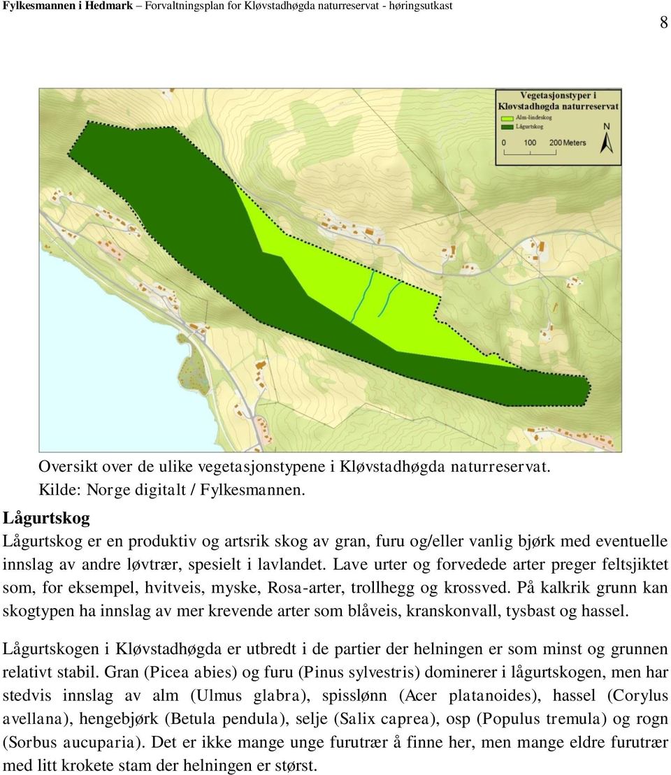 Lave urter og forvedede arter preger feltsjiktet som, for eksempel, hvitveis, myske, Rosa-arter, trollhegg og krossved.