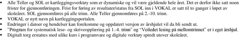 trinn. VOKAL er nytt navn på kartleggingsportalen. Endringer i datoer og hendelser kan forekomme og oppdatert versjon av årshjulet vil da bli sendt ut.