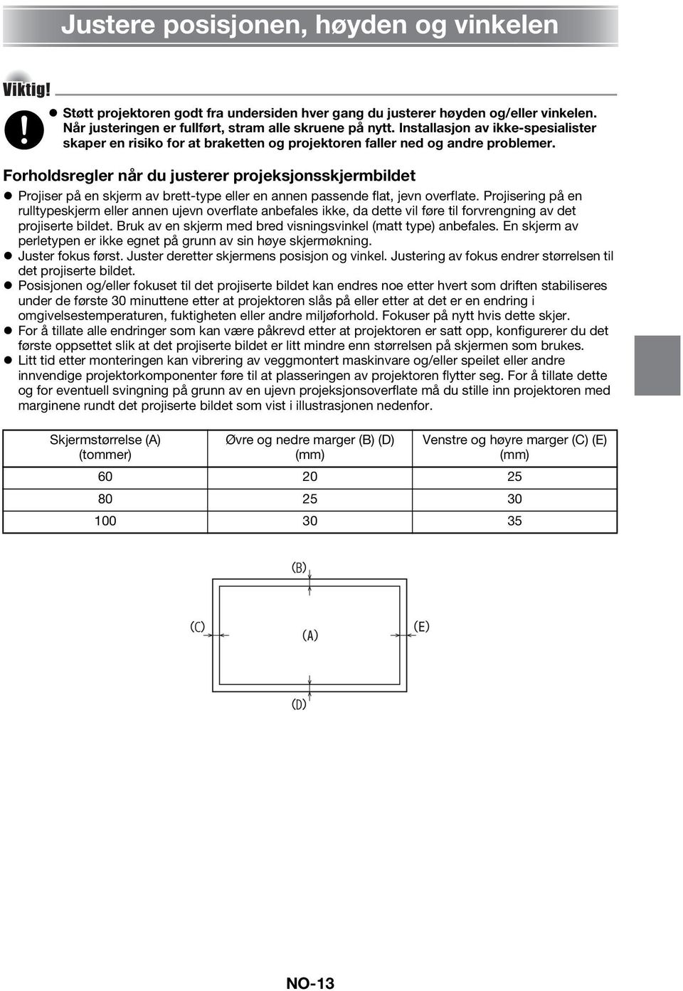 Forholdsregler når du justerer projeksjonsskjermbildet Projiser på en skjerm av brett-type eller en annen passende flat, jevn overflate.