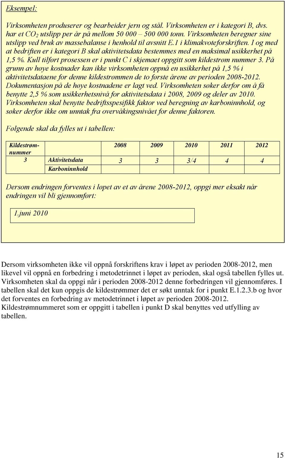 I og med at bedriften er i kategori B skal aktivitetsdata bestemmes med en maksimal usikkerhet på 1,5 %. Kull tilført prosessen er i punkt C i skjemaet oppgitt som kildestrøm nummer 3.