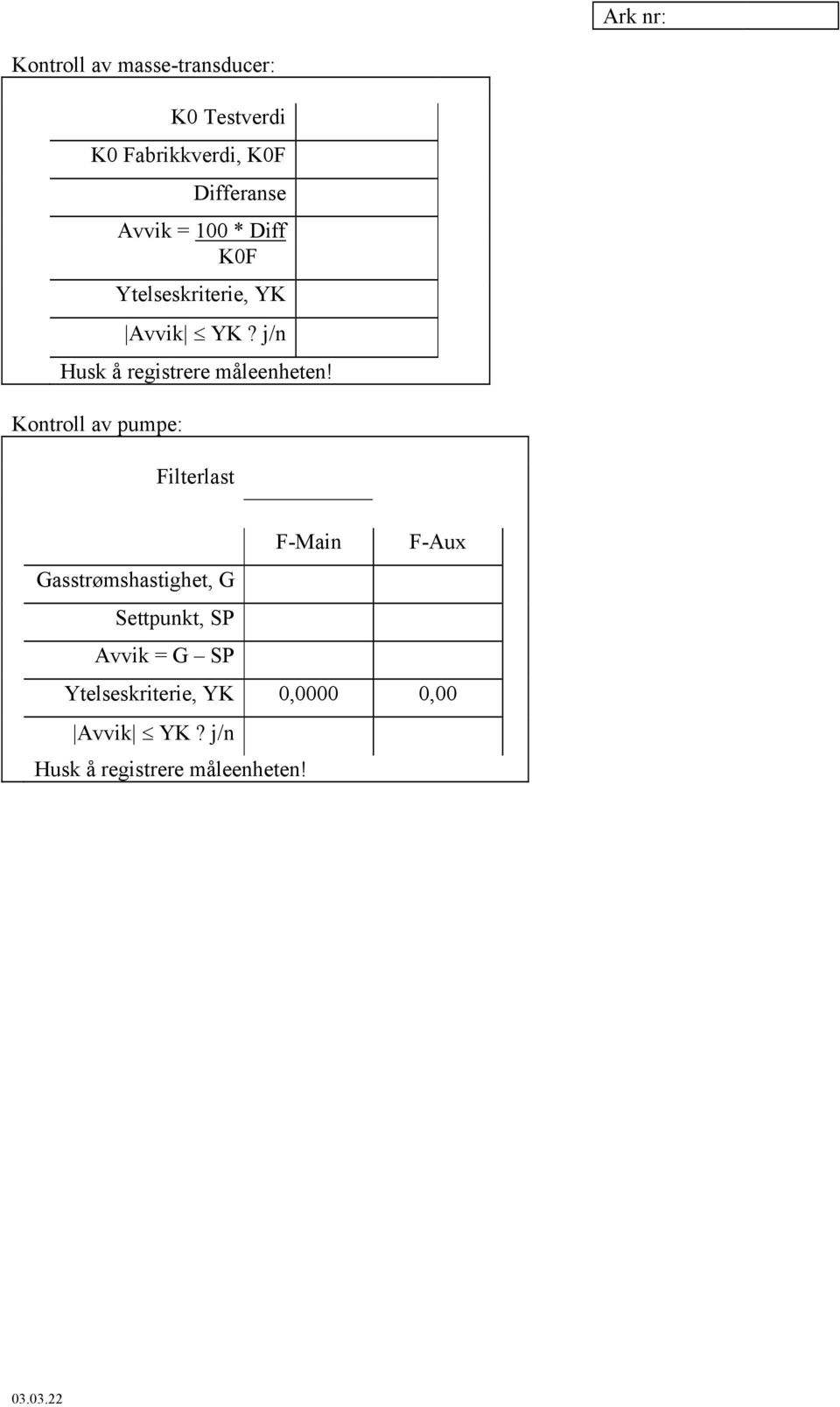 Filterlast F-Main F-Aux Gasstrømshastighet,