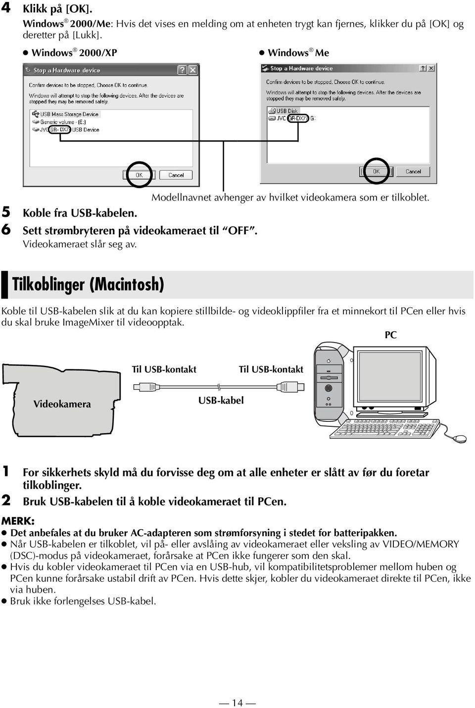 Tilkoblinger (Macintosh) Koble til USB-kabelen slik at du kan kopiere stillbilde- og videoklippfiler fra et minnekort til PCen eller hvis du skal bruke ImageMixer til videoopptak.