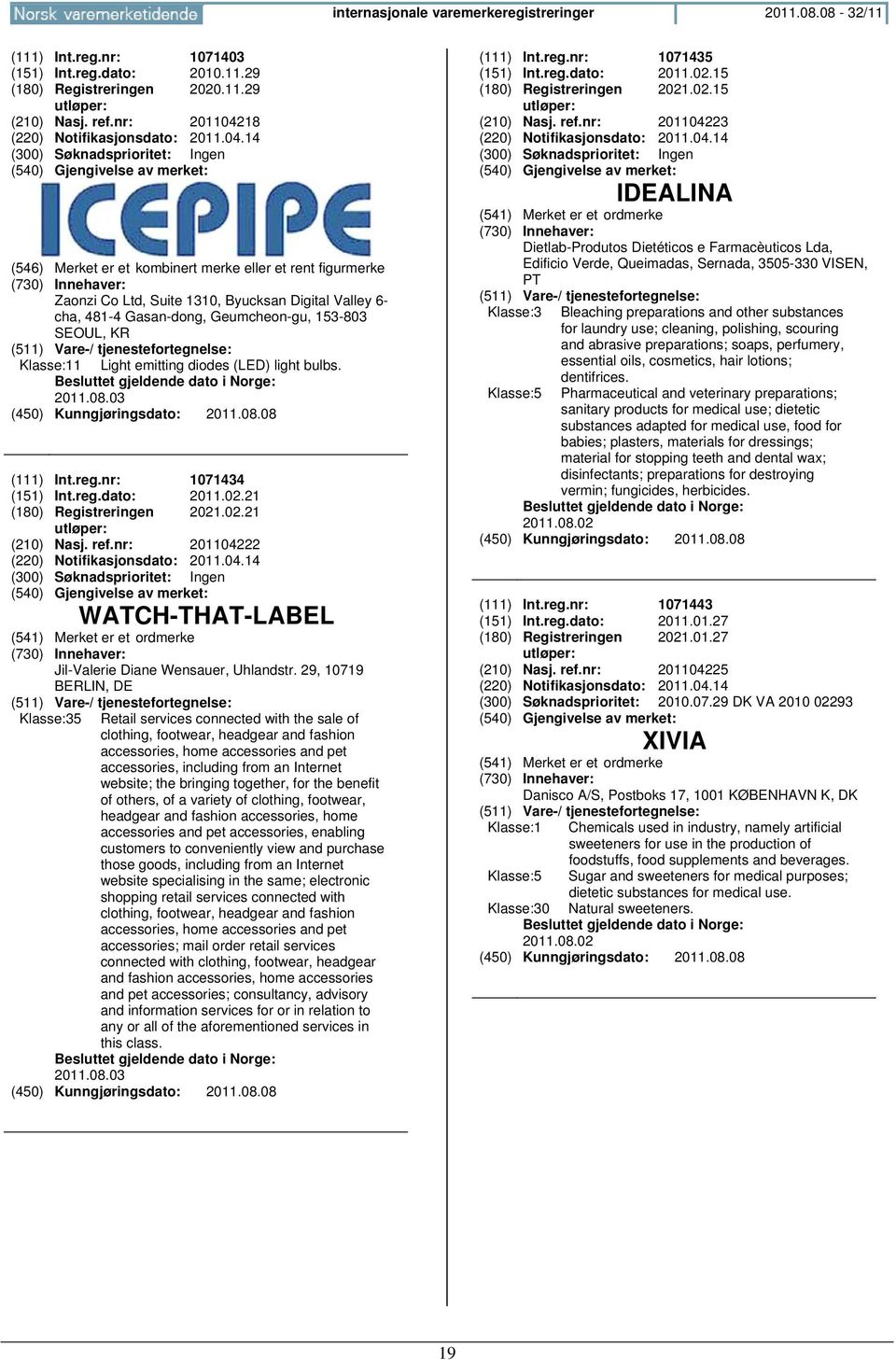 emitting diodes (LED) light bulbs. 2011.08.03 (111) Int.reg.nr: 1071434 (151) Int.reg.dato: 2011.02.21 (180) Registreringen 2021.02.21 (210) Nasj. ref.