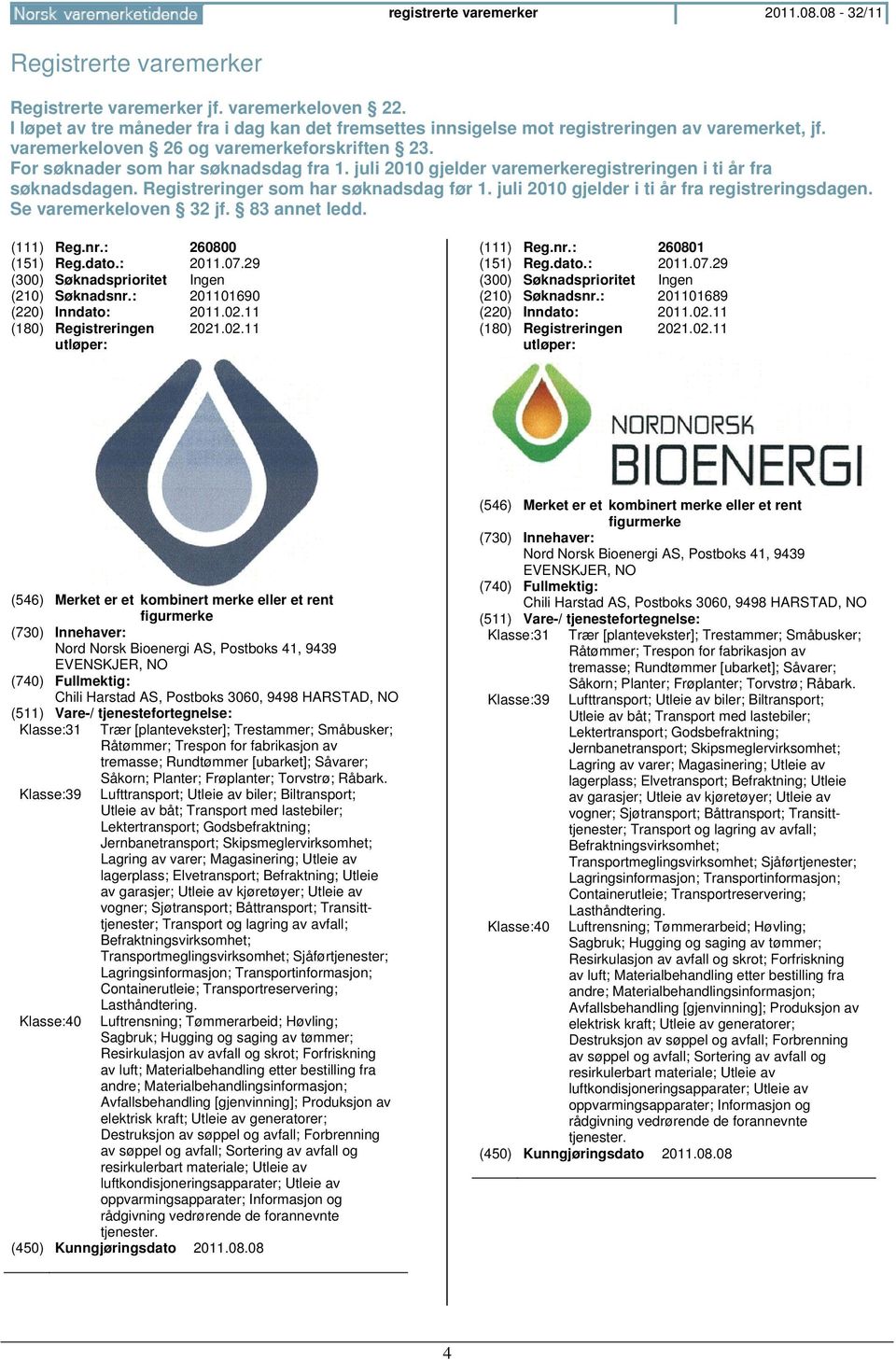 juli 2010 gjelder varemerkeregistreringen i ti år fra søknadsdagen. Registreringer som har søknadsdag før 1. juli 2010 gjelder i ti år fra registreringsdagen. Se varemerkeloven 32 jf. 83 annet ledd.