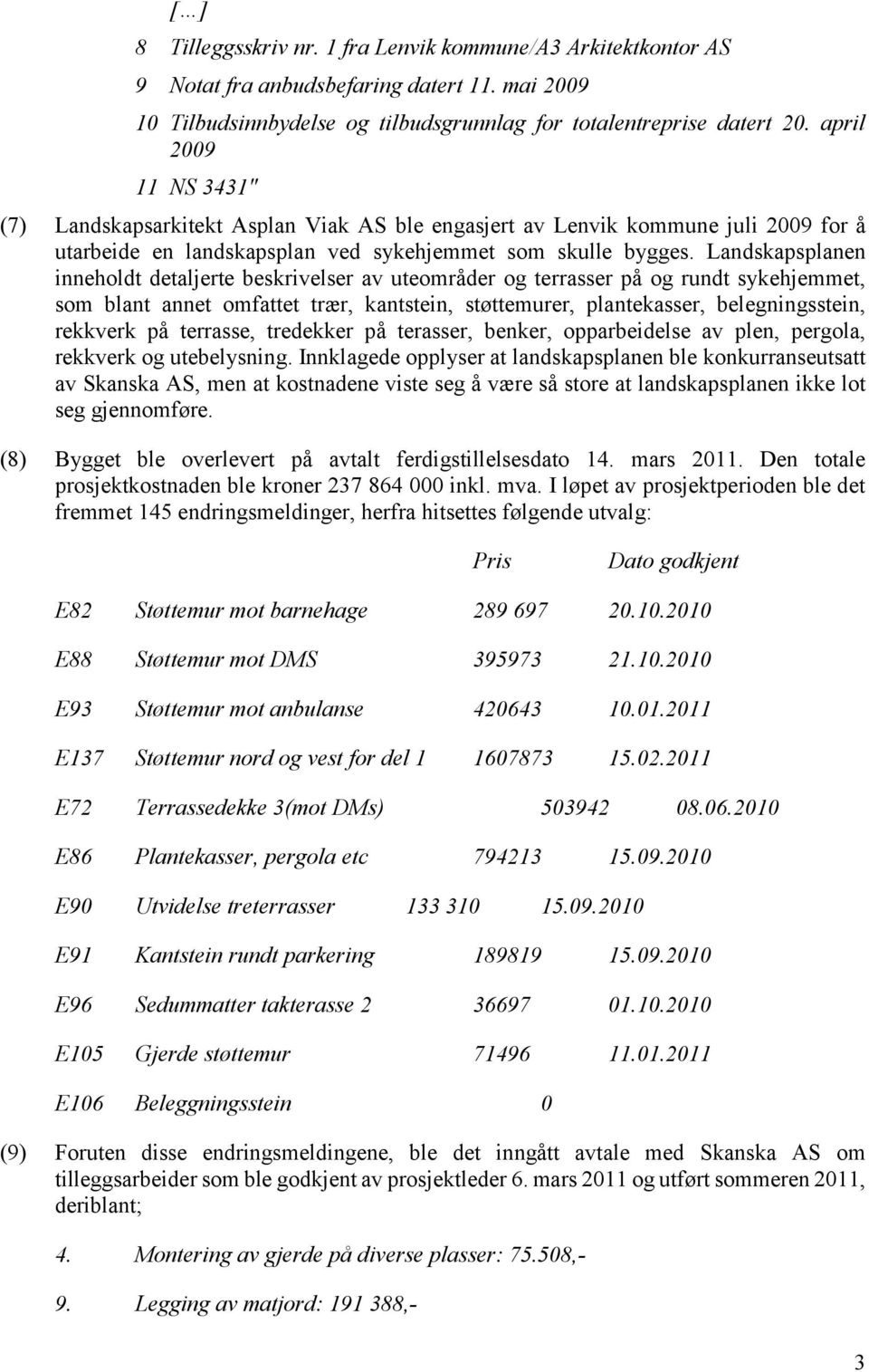 Landskapsplanen inneholdt detaljerte beskrivelser av uteområder og terrasser på og rundt sykehjemmet, som blant annet omfattet trær, kantstein, støttemurer, plantekasser, belegningsstein, rekkverk på