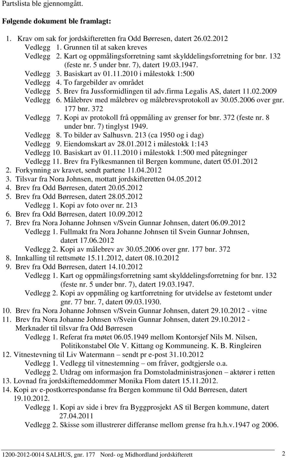 To fargebilder av området Vedlegg 5. Brev fra Jussformidlingen til adv.firma Legalis AS, datert 11.02.2009 Vedlegg 6. Målebrev med målebrev og målebrevsprotokoll av 30.05.2006 over gnr. 177 bnr.