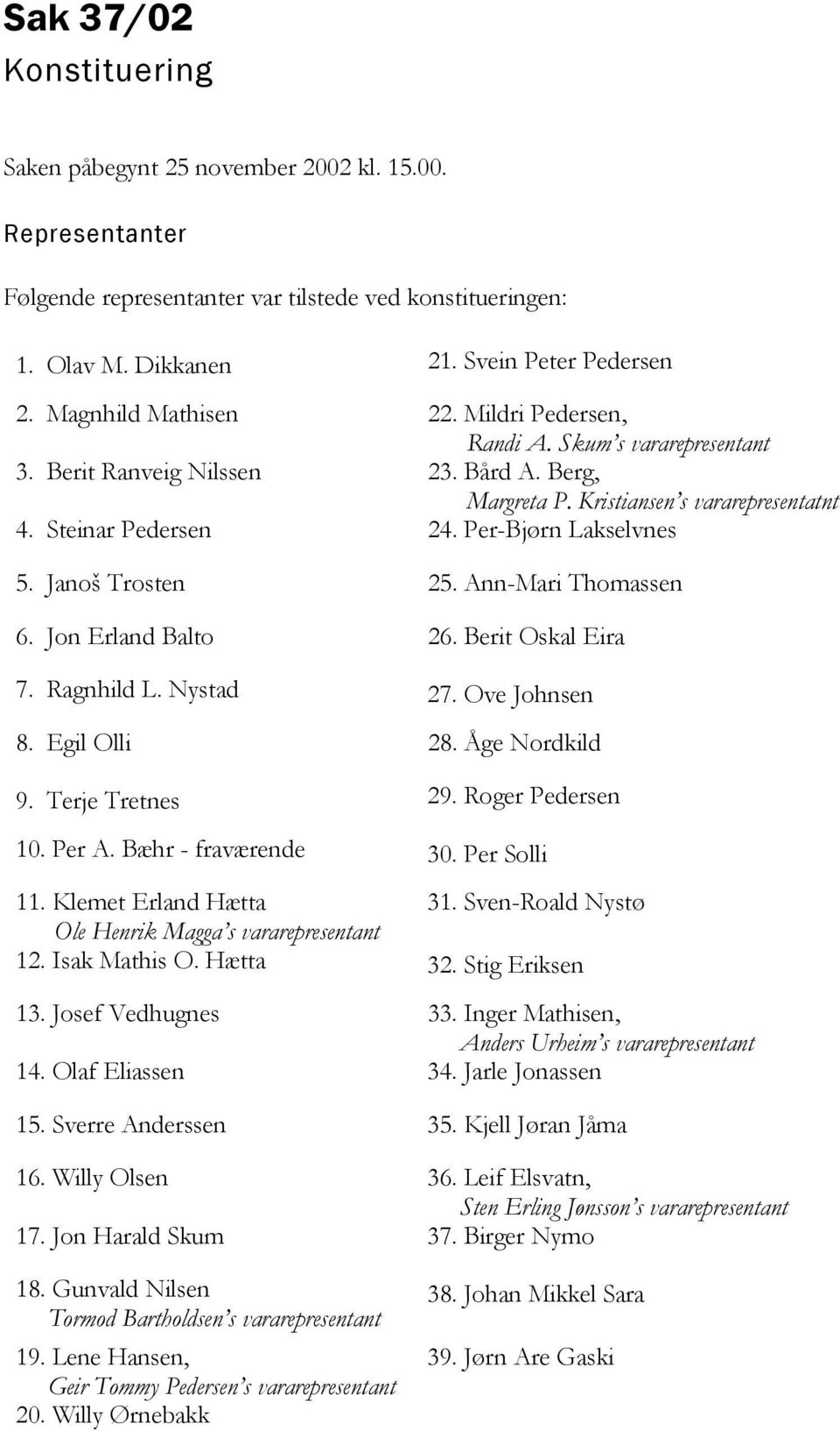 Per-Bjørn Lakselvnes 5. Janoš Trosten 25. Ann-Mari Thomassen 6. Jon Erland Balto 26. Berit Oskal Eira 7. Ragnhild L. Nystad 27. Ove Johnsen 8. Egil Olli 28. Åge Nordkild 9. Terje Tretnes 29.