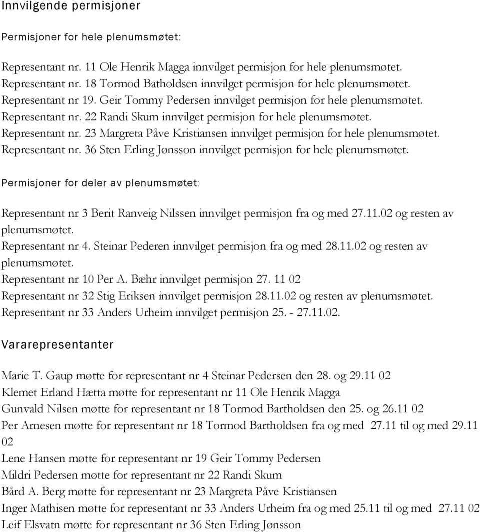 Representant nr. 36 Sten Erling Jønsson innvilget permisjon for hele plenumsmøtet. Permisjoner for deler av plenumsmøtet: Representant nr 3 Berit Ranveig Nilssen innvilget permisjon fra og med 27.11.