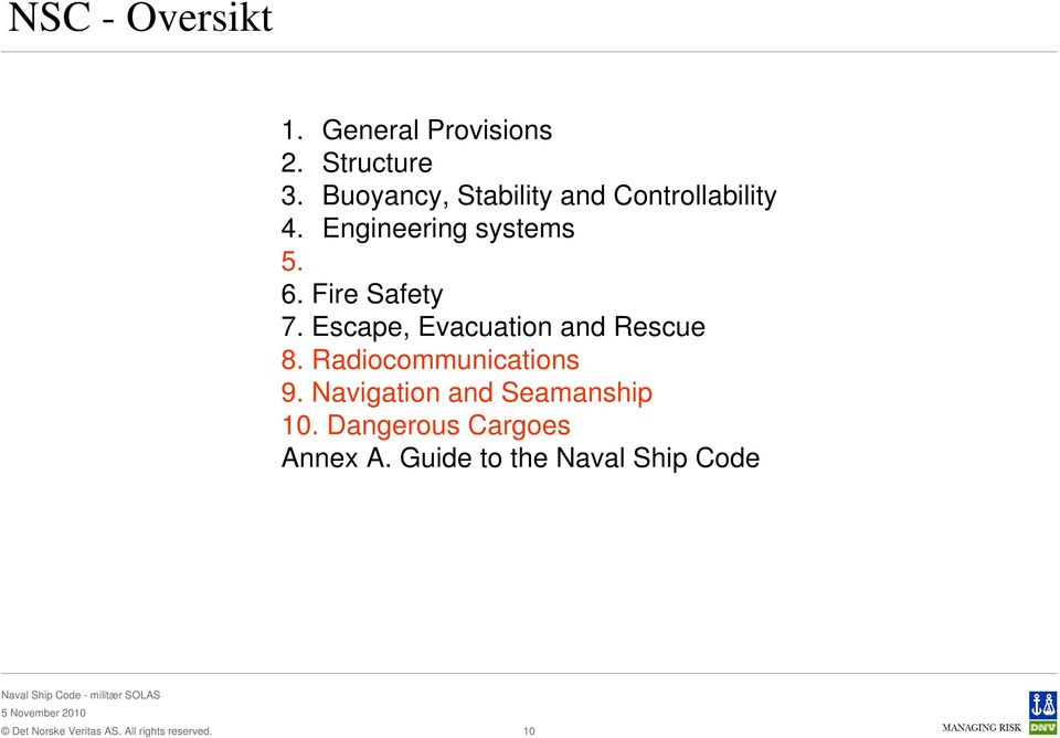 Fire Safety 7. Escape, Evacuation and Rescue 8. Radiocommunications 9.