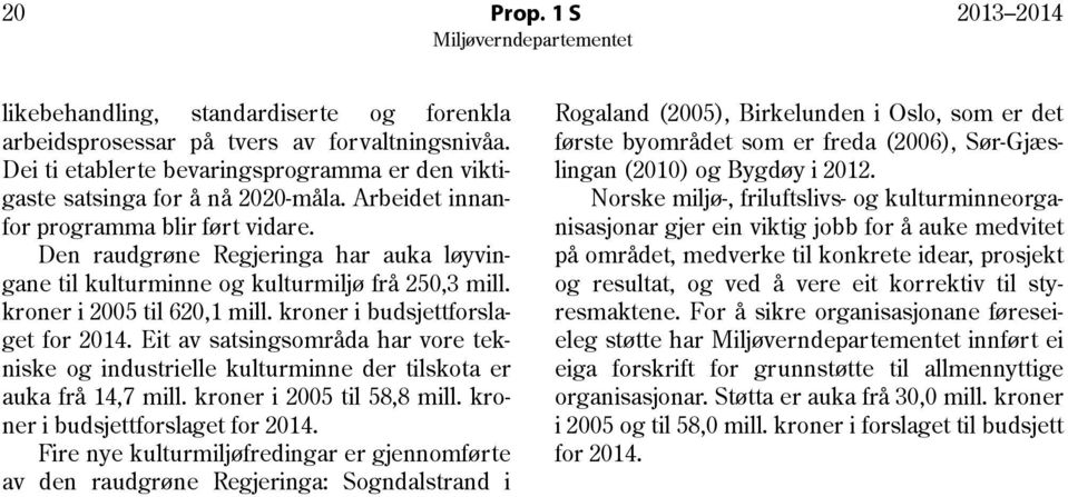 kroner i budsjettforslaget for 2014. Eit av satsingsområda har vore tekniske og industrielle kulturminne der tilskota er auka frå 14,7 mill. kroner i 2005 til 58,8 mill.