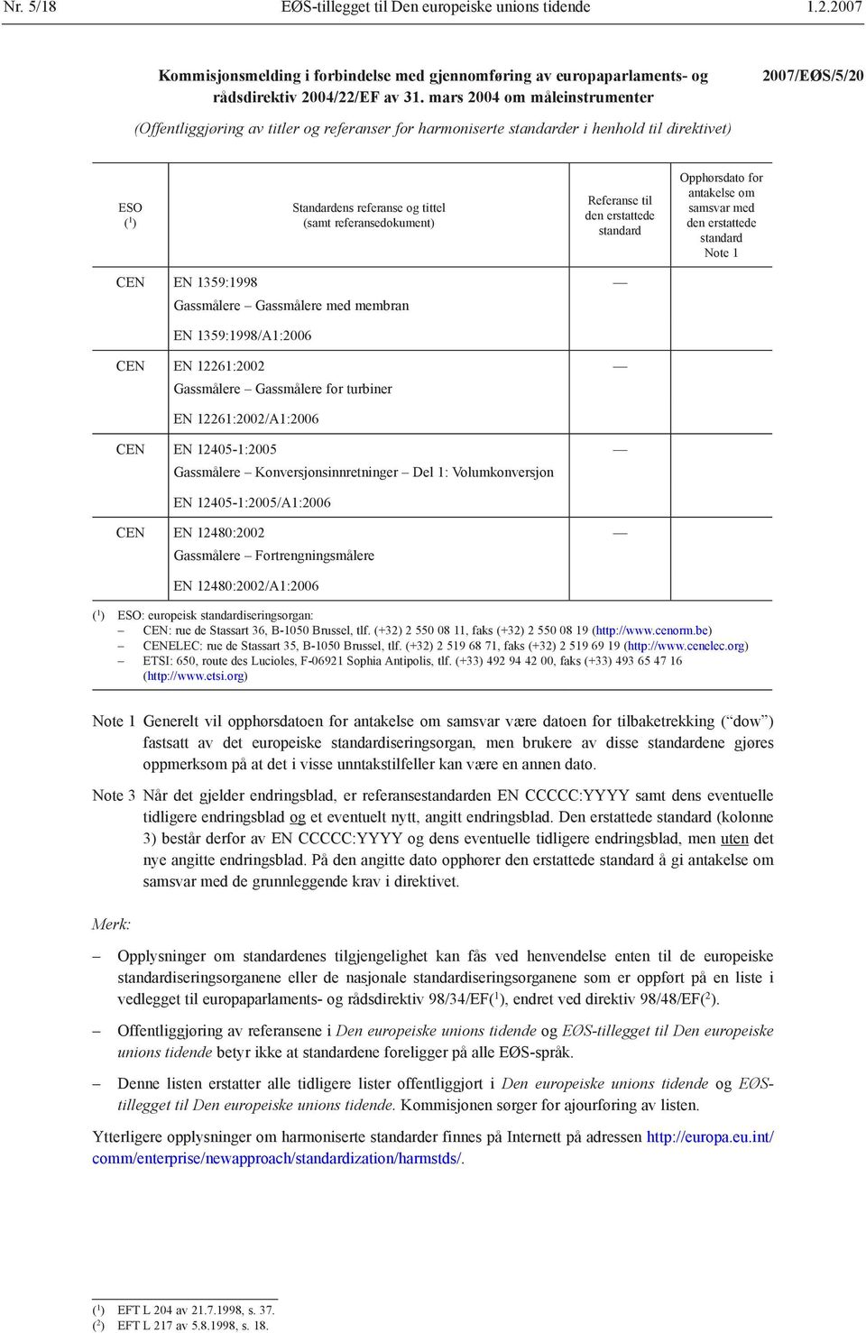 referansedokument) CEN EN 1359:1998 Gassmålere Gassmålere med membran EN 1359:1998/A1:2006 CEN EN 12261:2002 Gassmålere Gassmålere for turbiner EN 12261:2002/A1:2006 CEN EN 12405-1:2005 Gassmålere