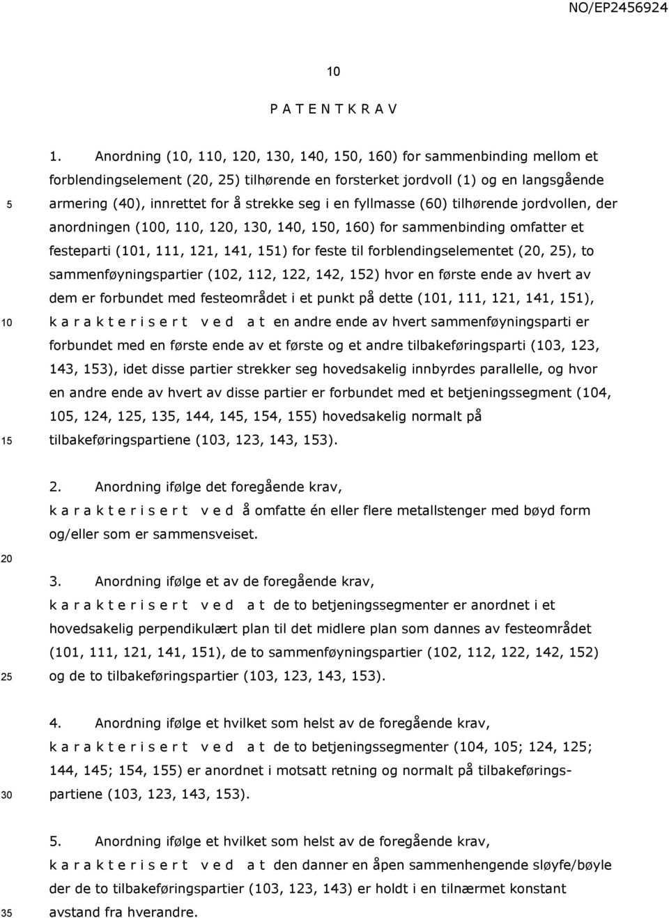 fyllmasse (60) tilhørende jordvollen, der anordningen (0, 1, 120, 130, 140,, 160) for sammenbinding omfatter et festeparti (1, 111, 121, 141, 11) for feste til forblendingselementet (20, 2), to