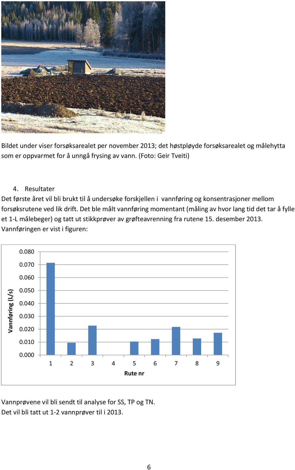 Det ble målt vannføring momentant (måling av hvor lang tid det tar å fylle et 1-L målebeger) og tatt ut stikkprøver av grøfteavrenning fra rutene 15. desember 2013.