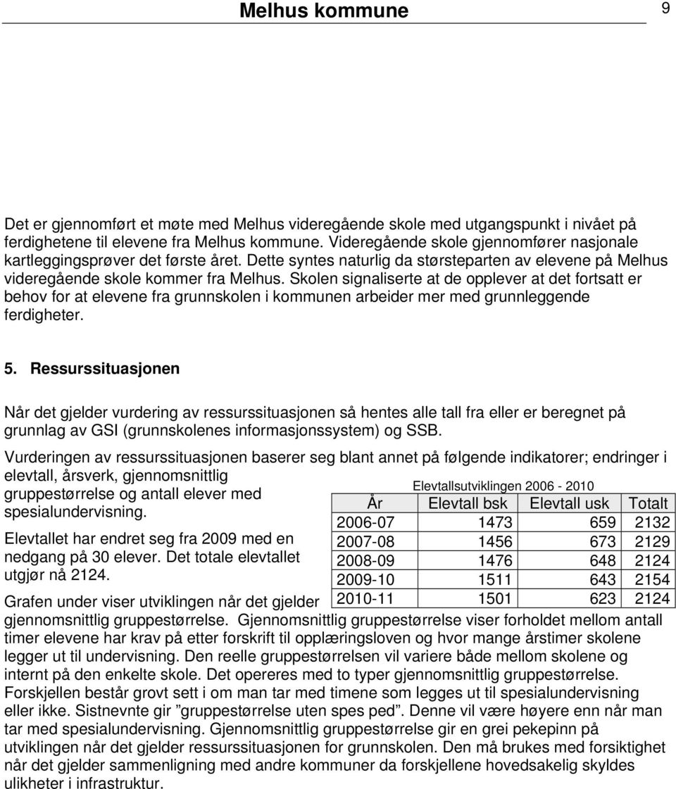 Skolen signaliserte at de opplever at det fortsatt er behov for at elevene fra grunnskolen i kommunen arbeider mer med grunnleggende ferdigheter. 5.