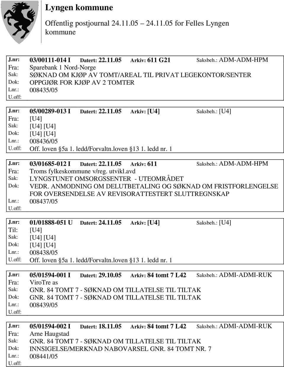 05 Arkiv: [U4] Saksbeh.: [U4] Fra: [U4] Lnr.: 008436/05 Off. loven 5a 1. ledd/forvaltn.loven 13 1. ledd nr. 1 J.nr: 03/01685-012 I Datert: 22.11.05 Arkiv: 611 Saksbeh.