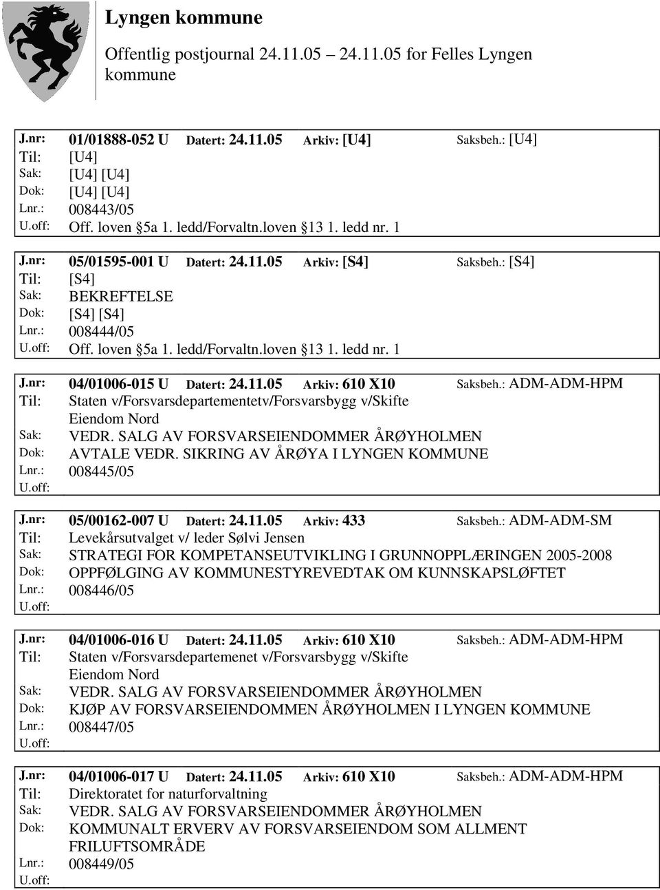 : ADM-ADM-HPM Til: Staten v/forsvarsdepartementetv/forsvarsbygg v/skifte Eiendom Nord Sak: VEDR. SALG AV FORSVARSEIENDOMMER ÅRØYHOLMEN Dok: AVTALE VEDR. SIKRING AV ÅRØYA I LYNGEN KOMMUNE Lnr.